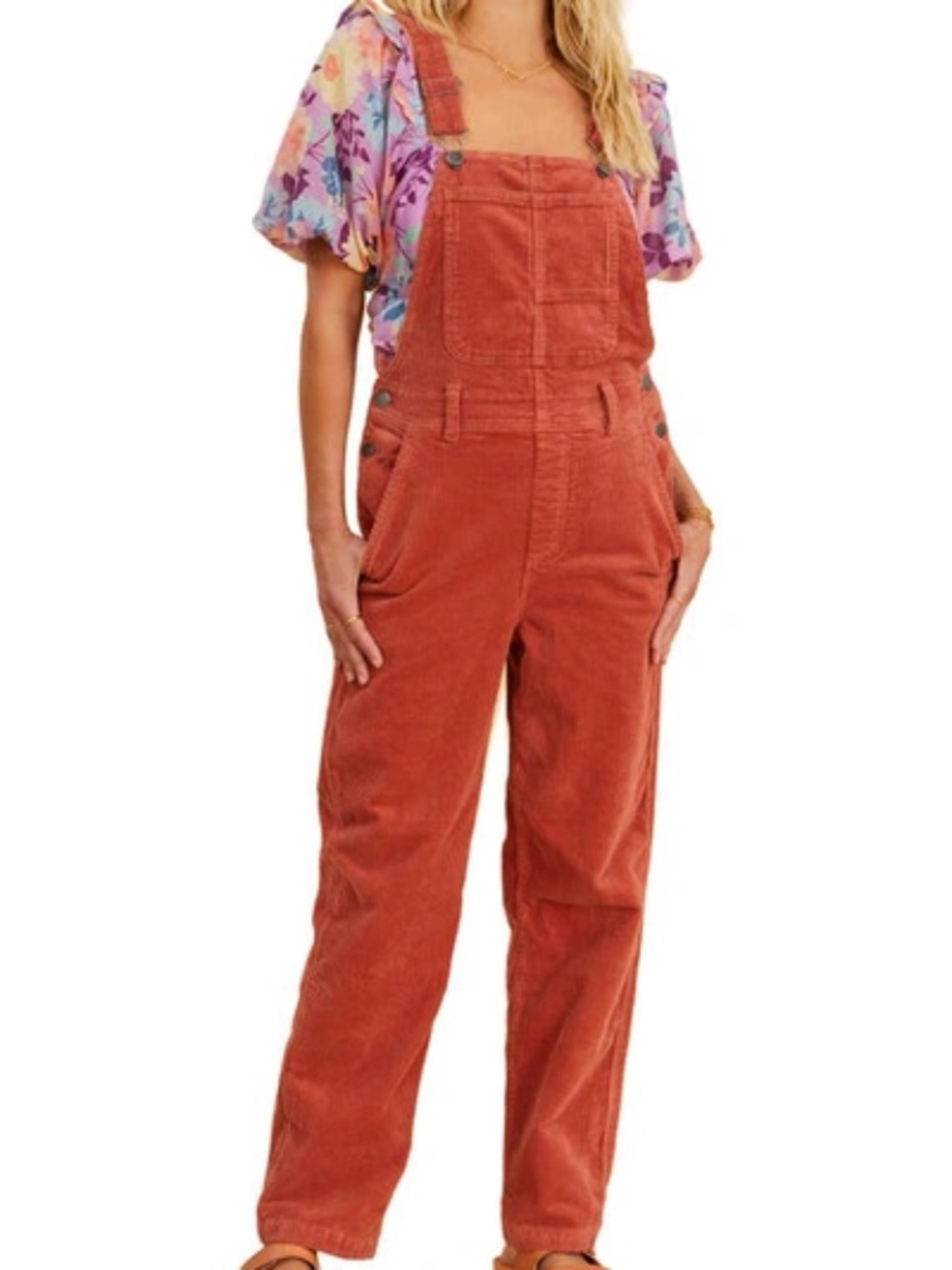 NWT - Billabong x The Salty Blonde, Burnt Orange Corduroy Overalls, Size Small